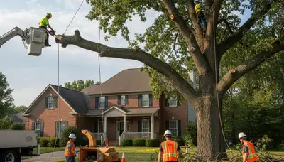Professional crew performing safe residential tree removal with bucket truck in Columbus, OH