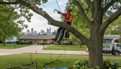 Arborist trimming dead branches from tree in Columbus, OH for safe, professional tree removal services
