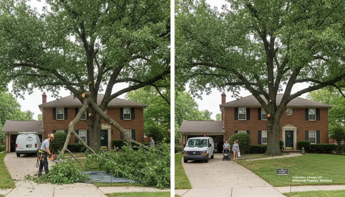 Arborist lifting tree canopy for better driveway and walkway access in Columbus, OH