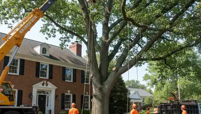 Arborists performing large tree removal in New Albany, Columbus OH with bucket truck and safety rigging systems