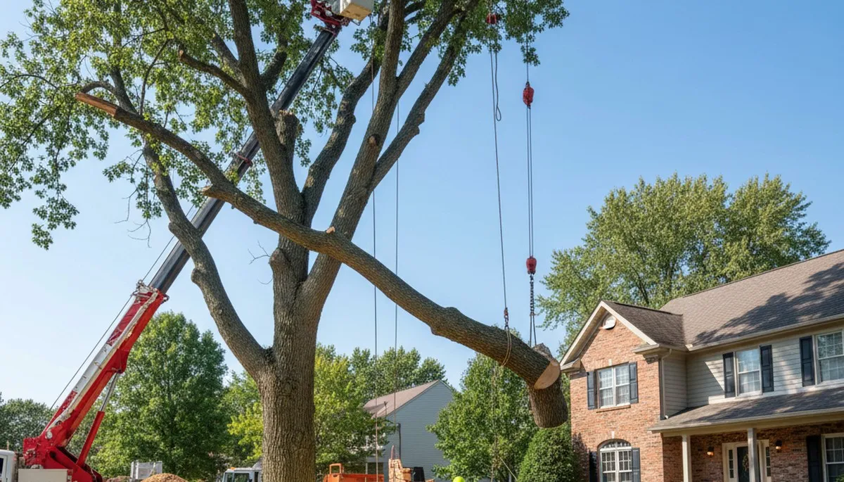 Arborists using bucket truck for large tree removal at a Westerville, OH home near Columbus