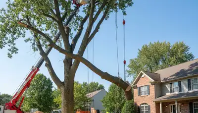 Arborists using bucket truck for large tree removal at a Westerville, OH home near Columbus