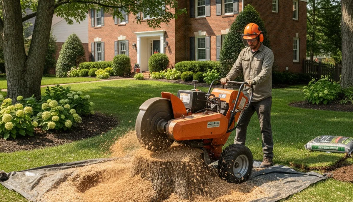 Professional stump grinding removing tree stumps in New Albany, OH for lawn restoration and pest prevention