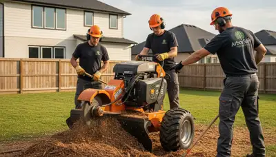 Arborist performing stump removal in Columbus, OH yard with specialized tree grinding equipment