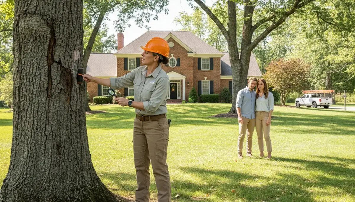 Certified arborist performing tree health assessment in New Albany, OH for Columbus tree removal service