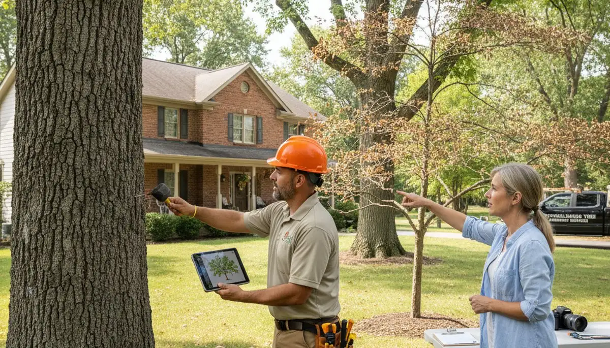 Certified arborist performing tree health assessment for homeowners in Reynoldsburg, Ohio