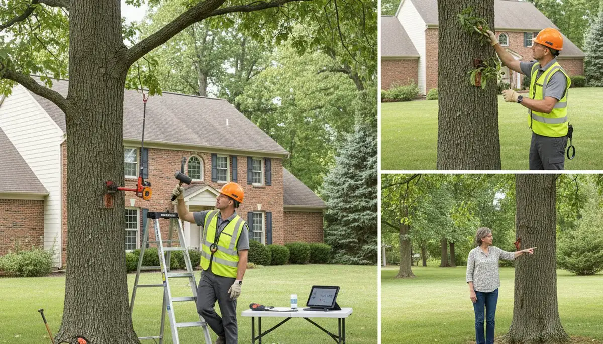 Certified arborist performing tree health assessment for homeowners in Westerville, OH near Columbus