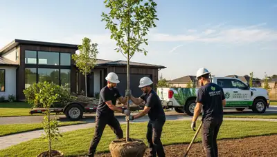 Arborist planting young tree in Columbus, OH yard for Chop Chop Tree professional tree planting service