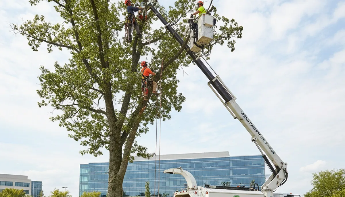 Professional tree removal service in Columbus, OH safely cutting and clearing large oak tree