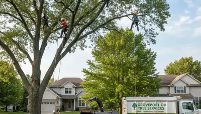 Professional tree removal service in Columbus, OH safely cutting large oak near suburban home