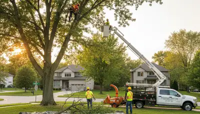 Professional tree removal service in Columbus, OH safely cutting down large oak tree