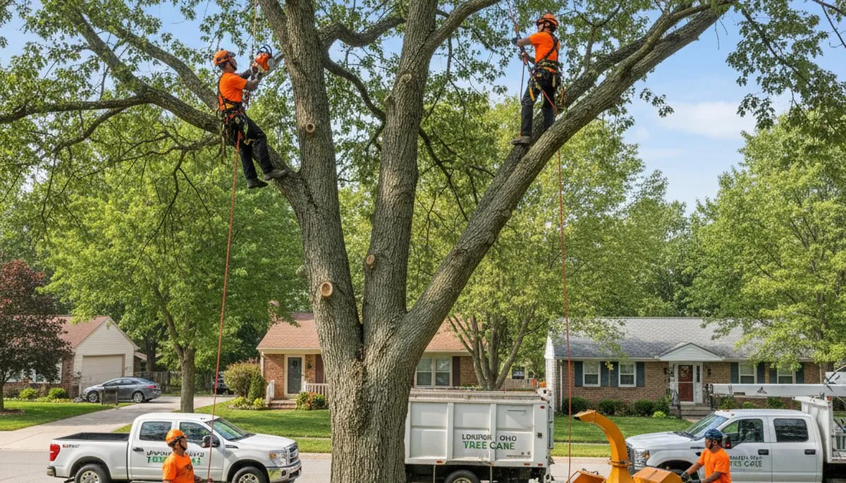 Professional tree removal service in Columbus, OH safely cutting large oak near residential property