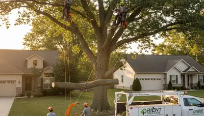 Professional tree removal service crew working safely in Columbus, OH backyard