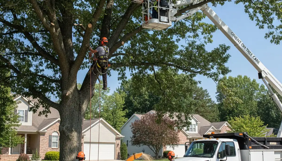 Professional tree removal service in Columbus, OH safely cutting large oak near residential property