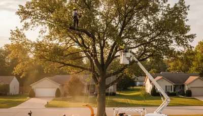 Professional tree removal crew working safely in Columbus, OH yard