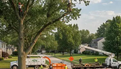 Professional tree removal service in Columbus, OH safely cutting and clearing large oak tree