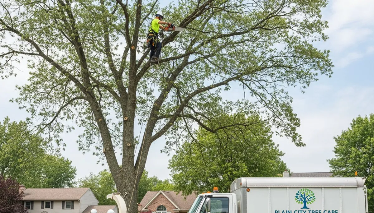 Professional tree removal service in Columbus, OH safely cutting and clearing large oak tree